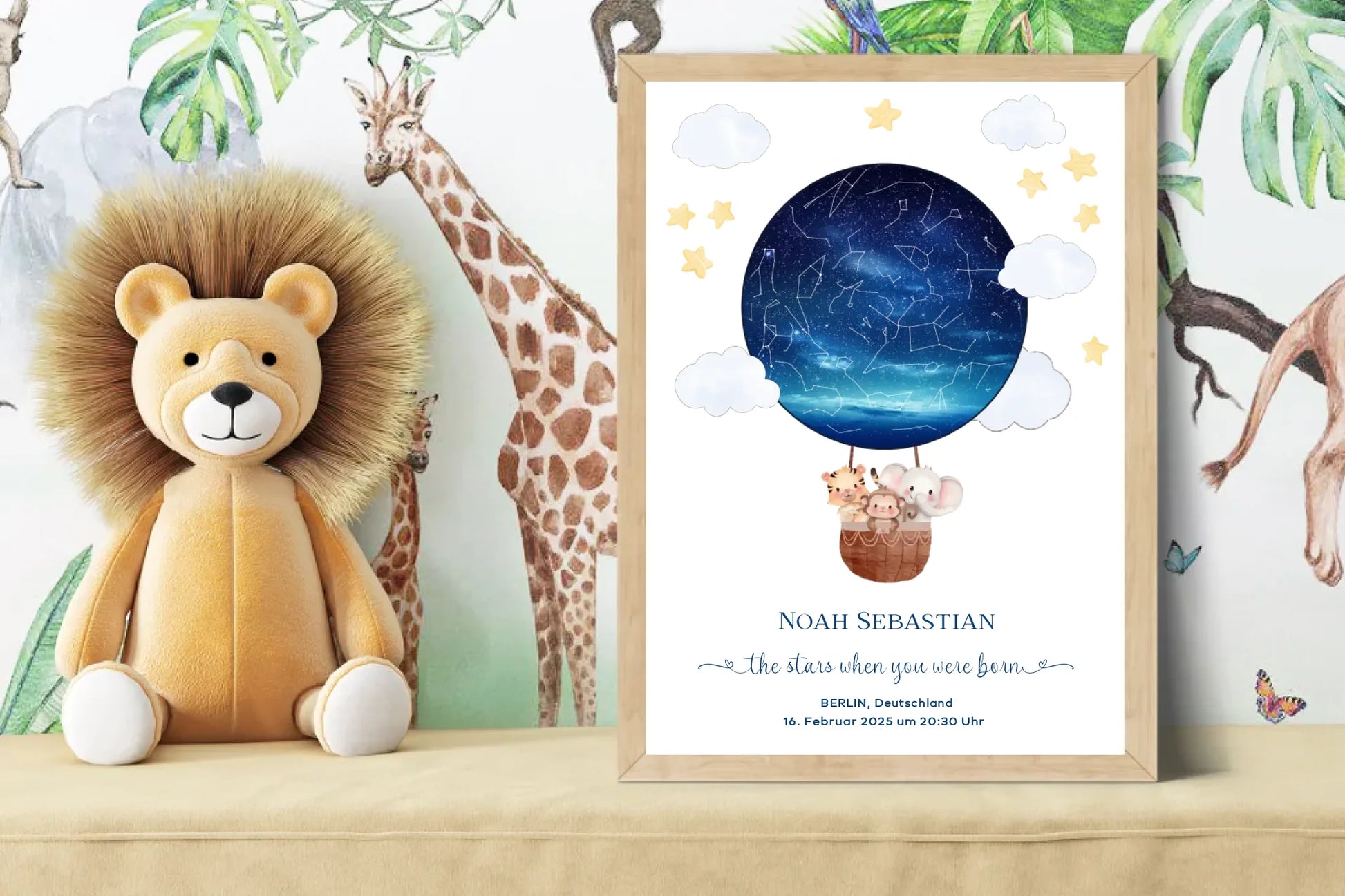 Personalisiertes Sternenbild mit Tiere im Heißluftballon - Geschenk für ein Baby zur Geburt -