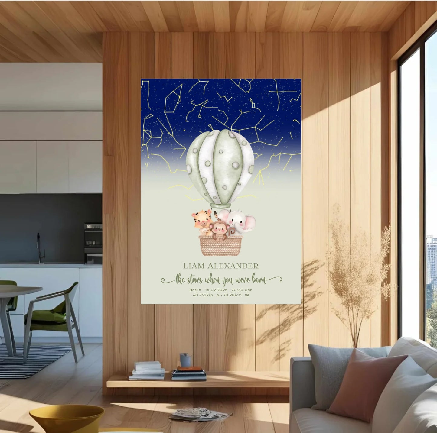 Personalisierte Sternenkarte mit Löwe, Zebra und Giraffe im Heißluftballon auf salbei mit blau - ein tolles Geschenk zur Geburt -