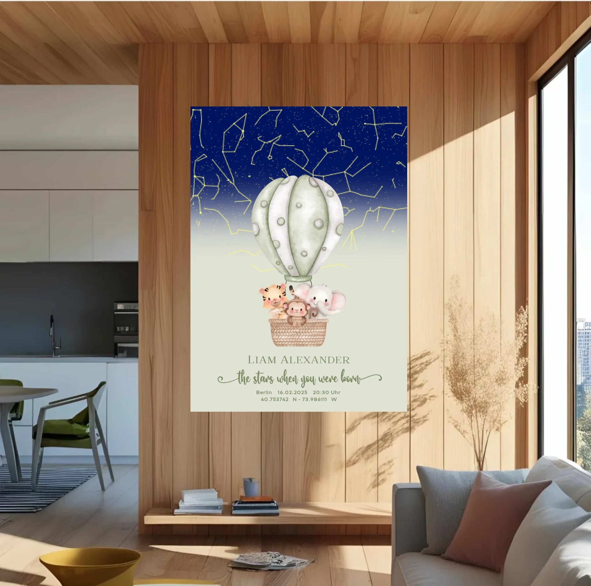 Personalisierte Sternenkarte mit Löwe, Zebra und Giraffe im Heißluftballon auf salbei mit blau - ein tolles Geschenk zur Geburt -