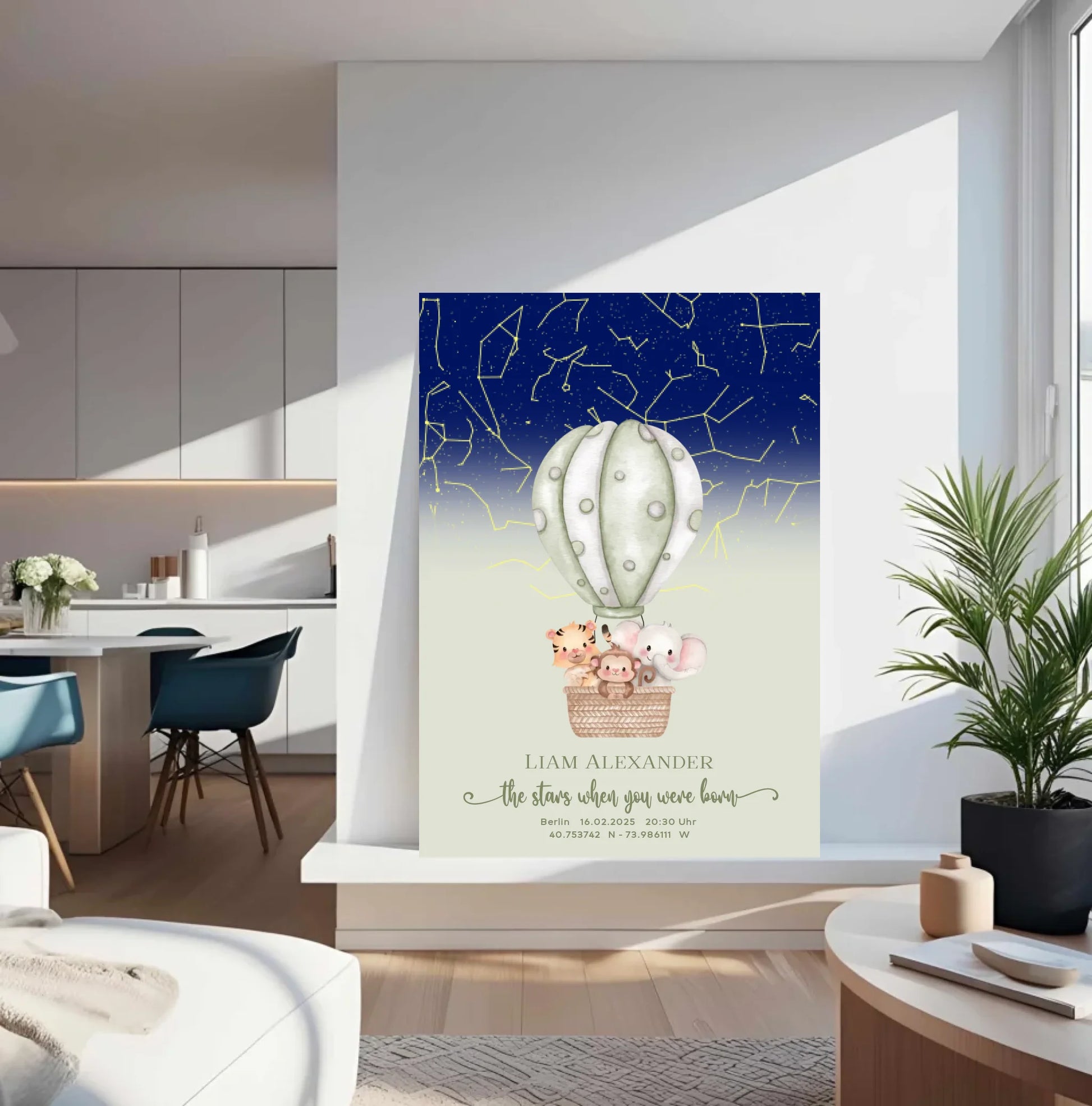 Personalisierte Sternenkarte mit Löwe, Zebra und Giraffe im Heißluftballon auf salbei mit blau - ein tolles Geschenk zur Geburt -
