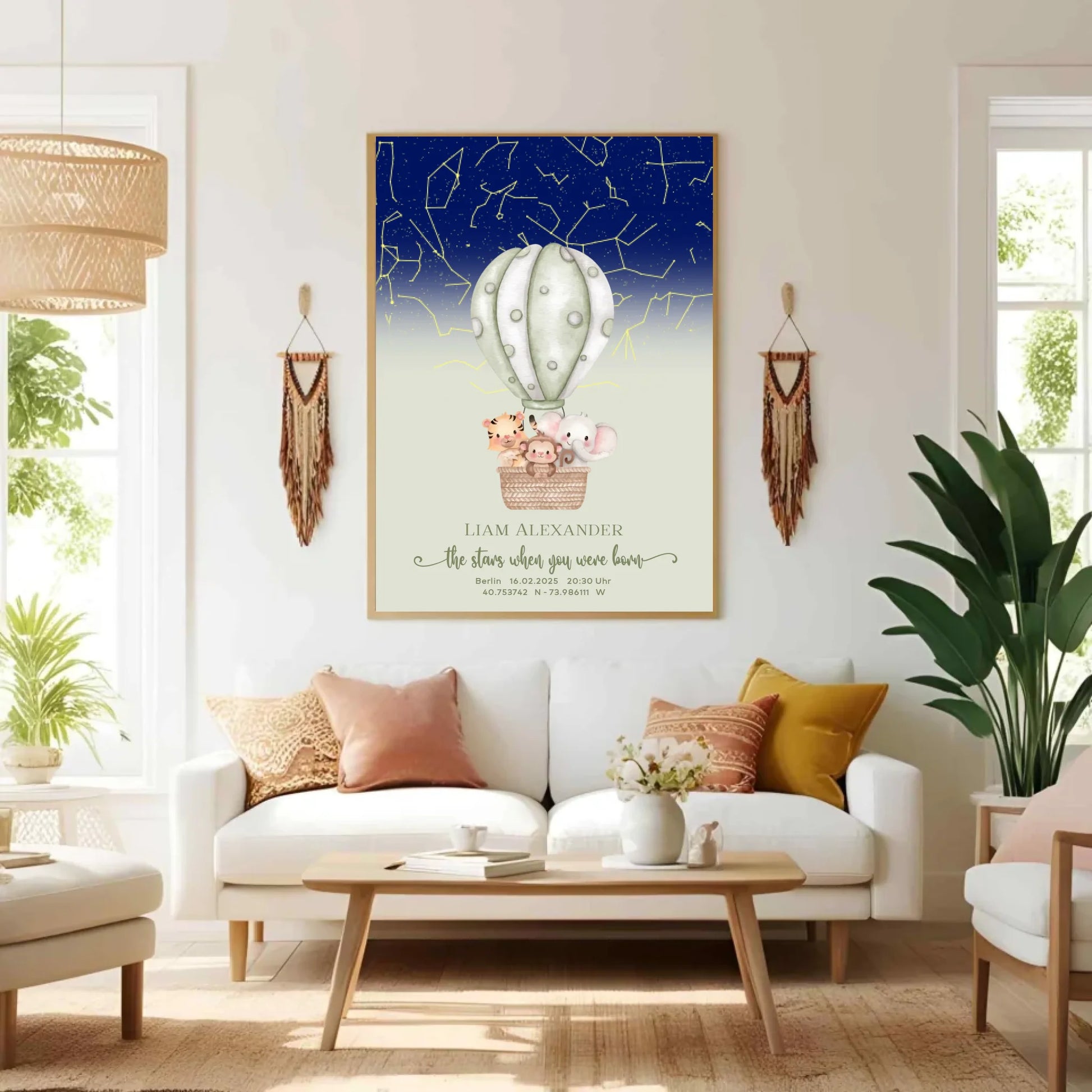 Personalisierte Sternenkarte mit Löwe, Zebra und Giraffe im Heißluftballon auf salbei mit blau - ein tolles Geschenk zur Geburt -