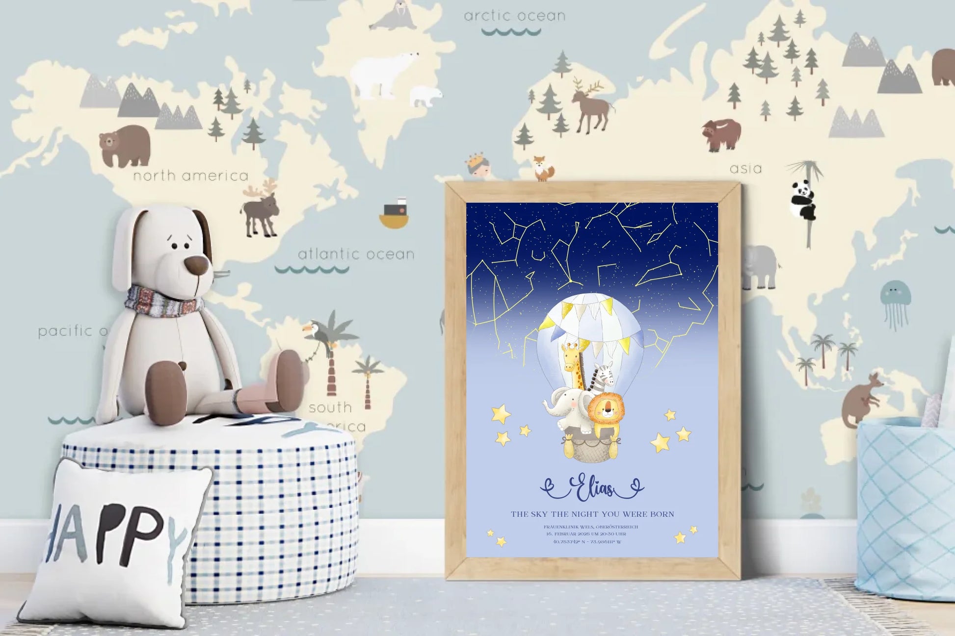 Personalisiertes Sternenbild mit Wildtiere auf blau -