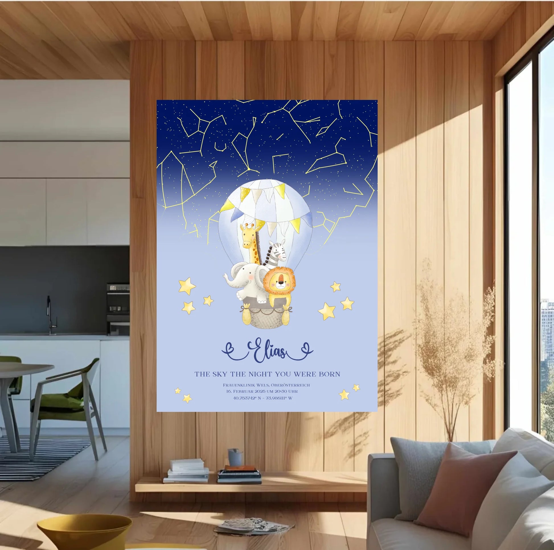 Personalisiertes Sternenbild mit Wildtiere auf blau -