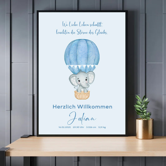 Personalisierte Sternenkarate zur Neugeborene in blau - für Jungen, mit Spruch, Name und Daten zur Geburt - Exklusives Holzrahmen-Poster mit Halbglanzpapier, bruchsicheres Plexiglas und FSC-zertifiziertes Papier