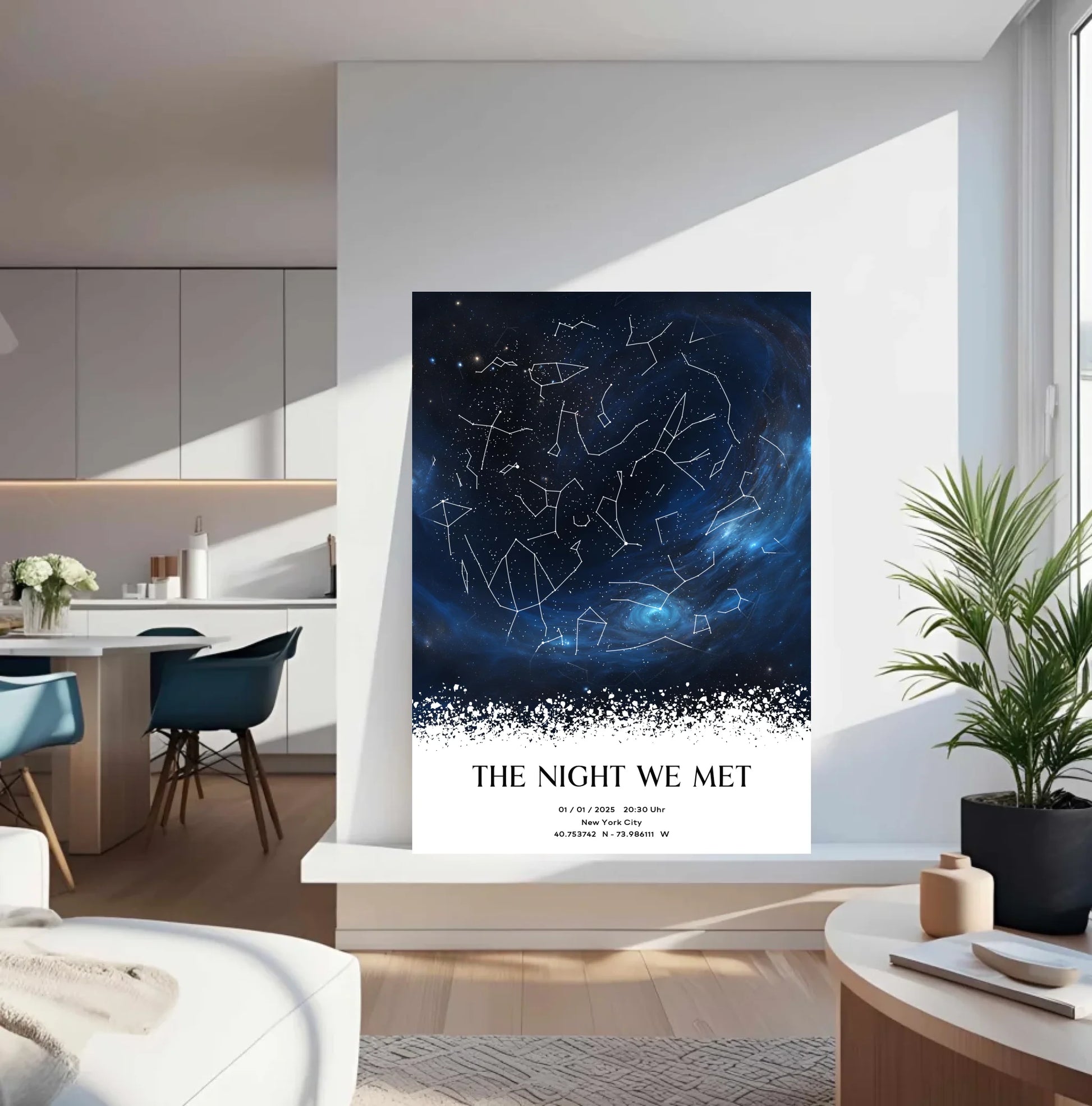 Personalisierte Sternenkarte mit Milchstraße in blau auf schwarz -