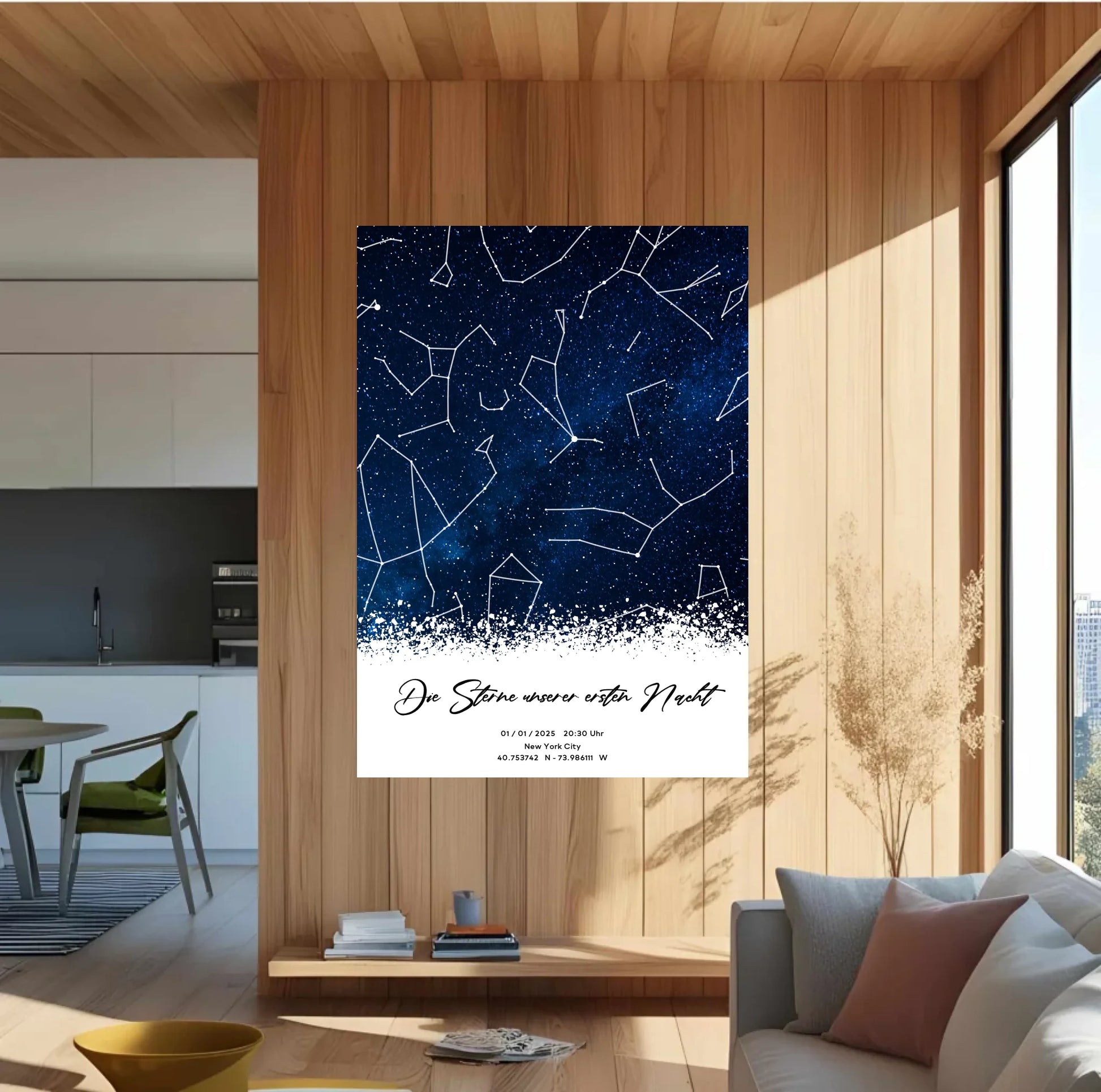 Personalisierte Sternenkarte mit Milchstraße in blau auf navy mit weiß -