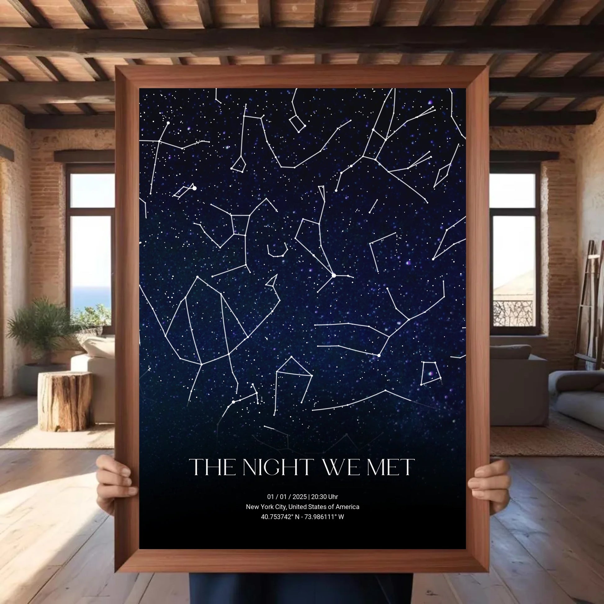 Personalisierte Nacht Sternenkarte mit blau und schwarz - verschiedene Größen für Poster oder mit Rahmen -