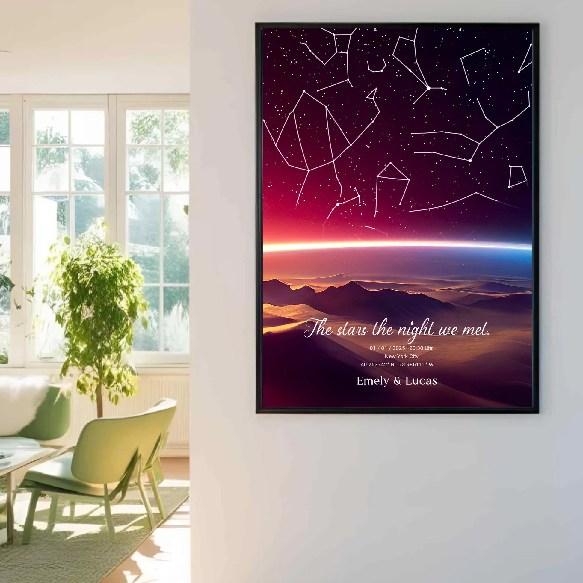 Personalisierte Sternenkarte mit Name, Datum und Ort mit Sonnenstreifen - verschiedene Größen - als Poster oder mit Rahmen -