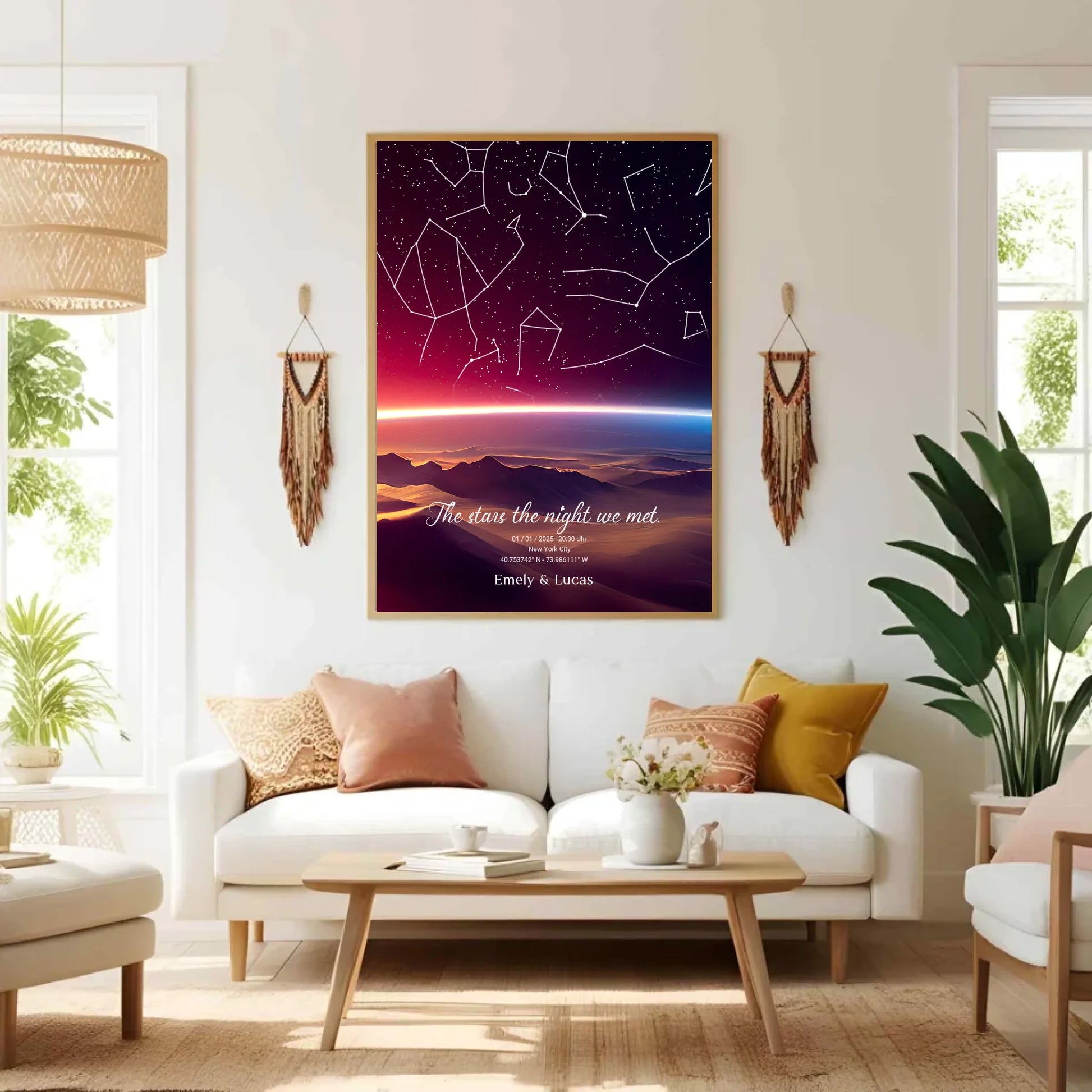Personalisierte Sternenkarte mit Name, Datum und Ort mit Sonnenstreifen - verschiedene Größen - als Poster oder mit Rahmen - Exklusives Holzrahmen-Poster mit Halbglanzpapier, bruchsicheres Plexiglas und FSC-zertifiziertes Papier