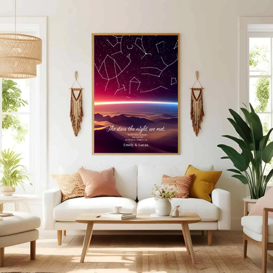 Personalisierte Sternenkarte mit Name, Datum und Ort mit Sonnenstreifen - verschiedene Größen - als Poster oder mit Rahmen - Exklusives Holzrahmen-Poster mit Halbglanzpapier, bruchsicheres Plexiglas und FSC-zertifiziertes Papier