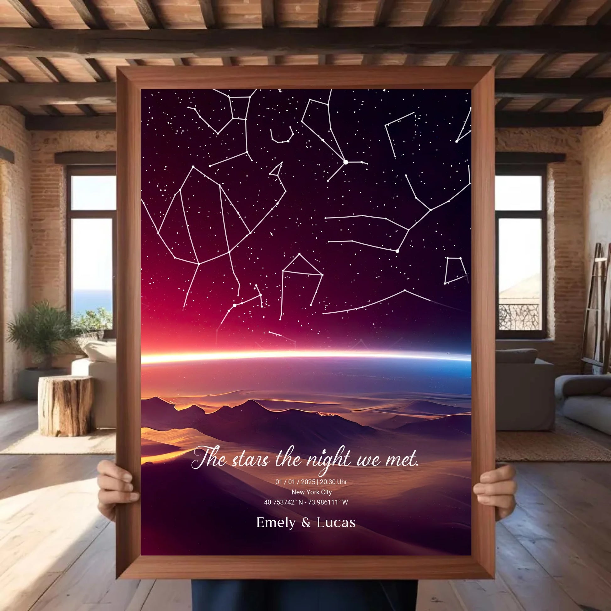 Personalisierte Sternenkarte mit Name, Datum und Ort mit Sonnenstreifen - verschiedene Größen - als Poster oder mit Rahmen -