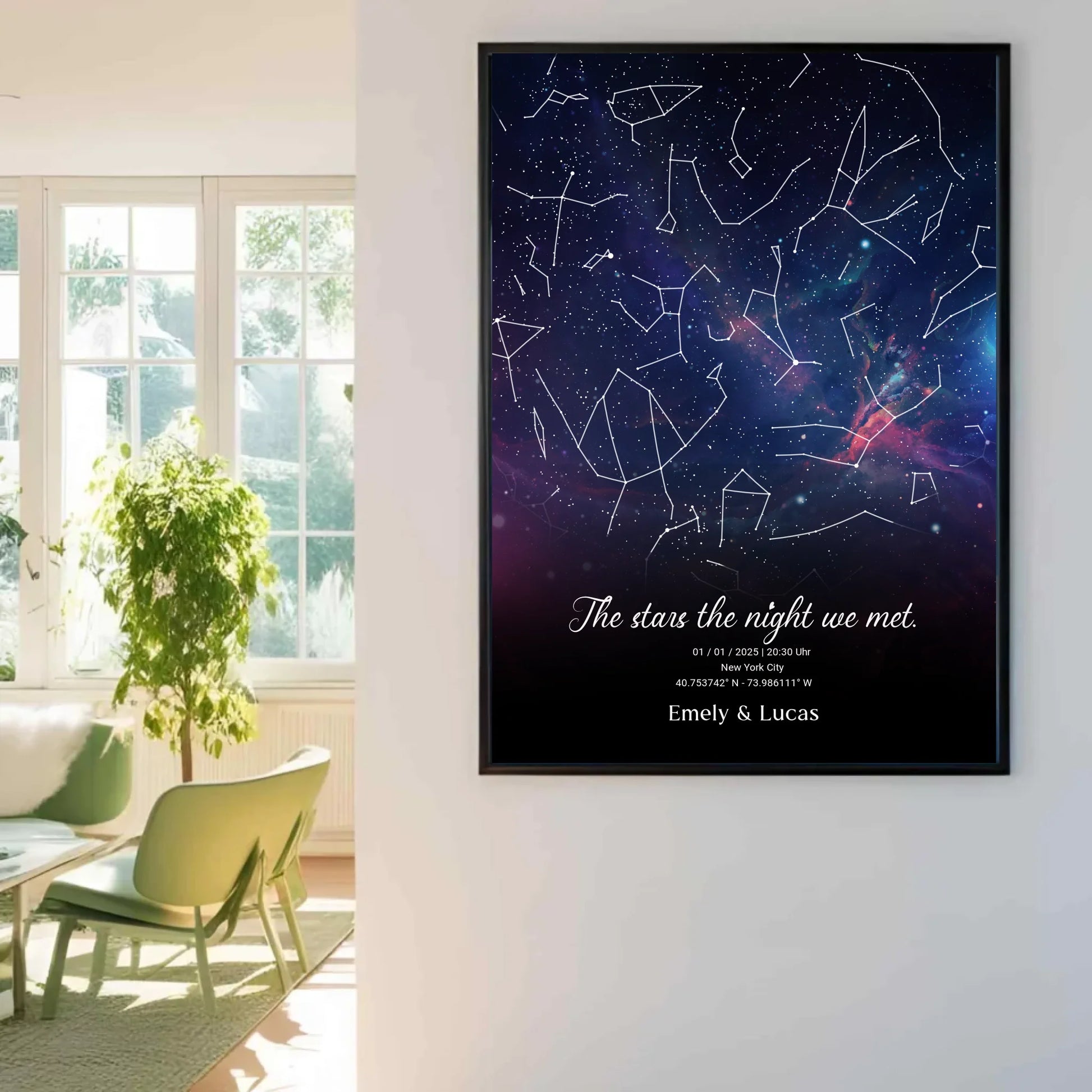 Personalisierte Nacht Sternenkarte mit blau und lila - verschiedene Poster und mit Rahmen -