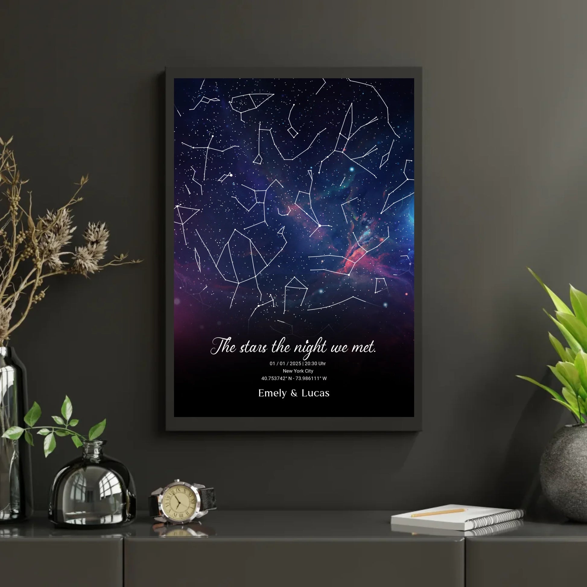 Personalisierte Nacht Sternenkarte mit blau und lila - verschiedene Poster und mit Rahmen -