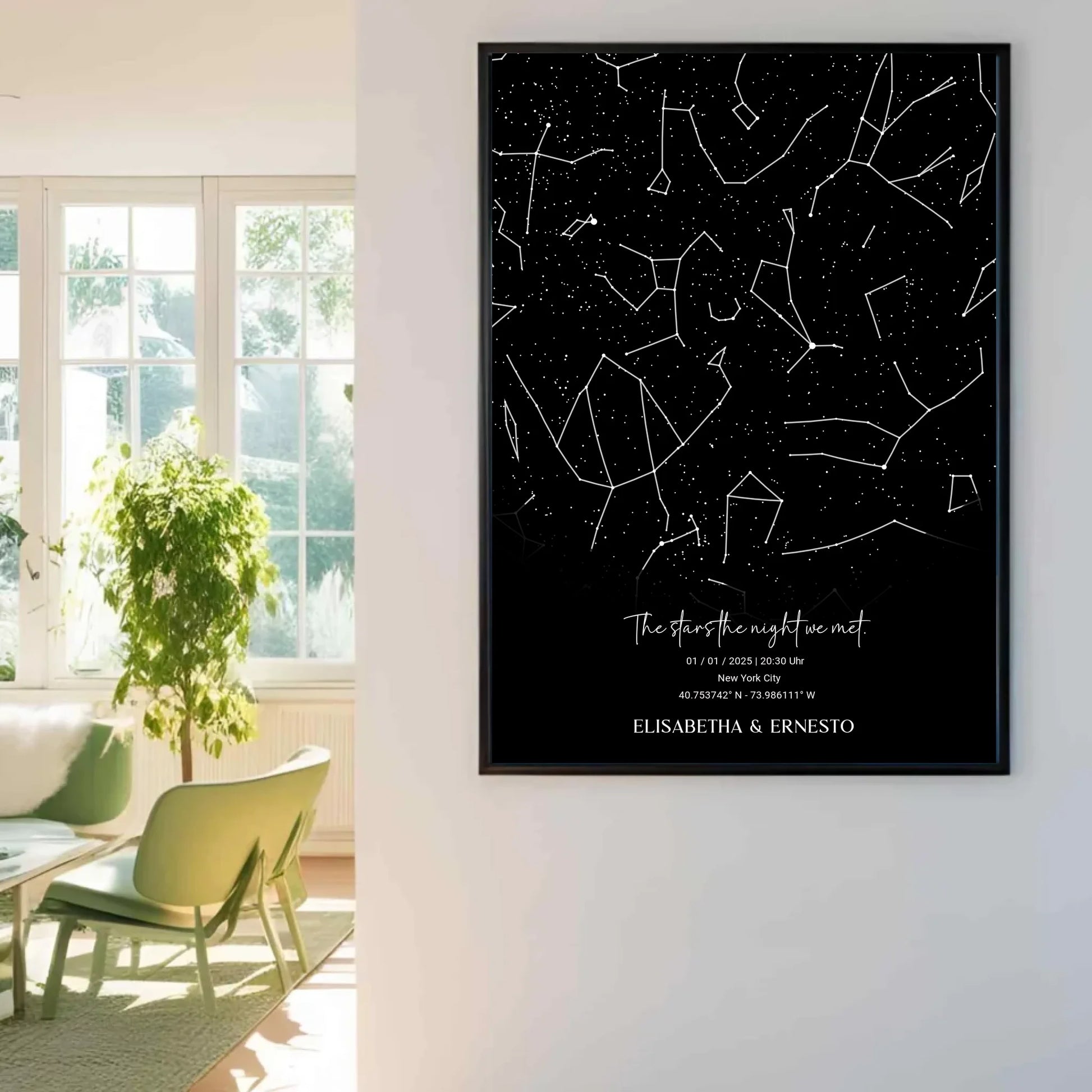 Personalisierte Sternenkarte mit Name, Datum und Ort auf schwarz - verschiedene Größen - als Poster oder mit Rahmen -