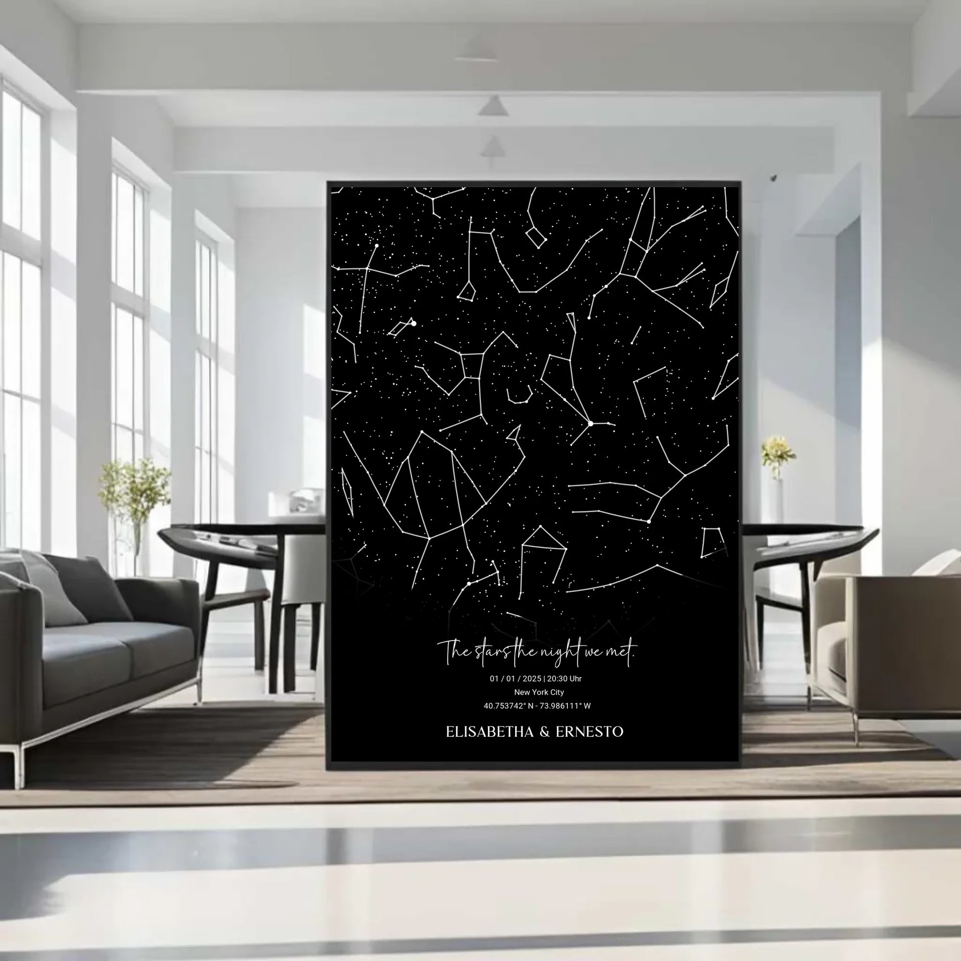 Personalisierte Sternenkarte mit Name, Datum und Ort auf schwarz - verschiedene Größen - als Poster oder mit Rahmen -