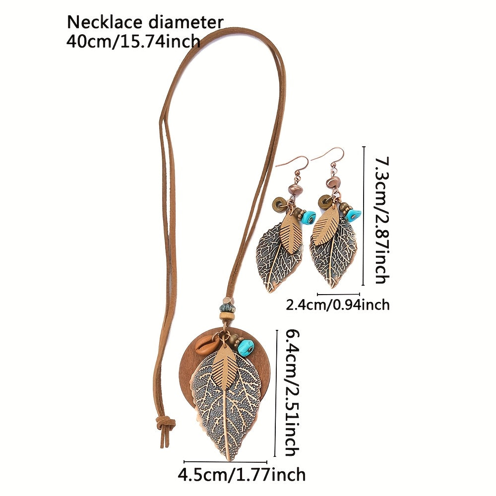 3-teiliges einzigartiges Boho Ethno-Schmuckset mit 1 Anhänger Kette sowie super dazupassende Ohrringe in Kaffee & Türkis - mit Blattanhänger auf Lederband sowie Tropfenohrringe