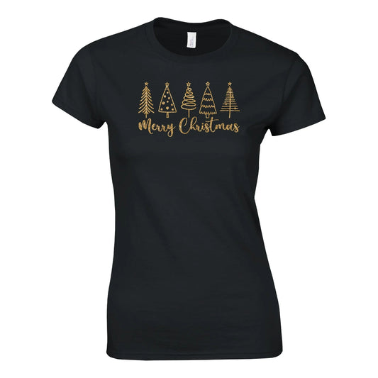 Tailliertes Damen Kurzarm T-Shirt mit Print - Minimalistisches Merry Christmas in gold - Weihnachten und Winter – viele Farben und große Größen - Schwarz