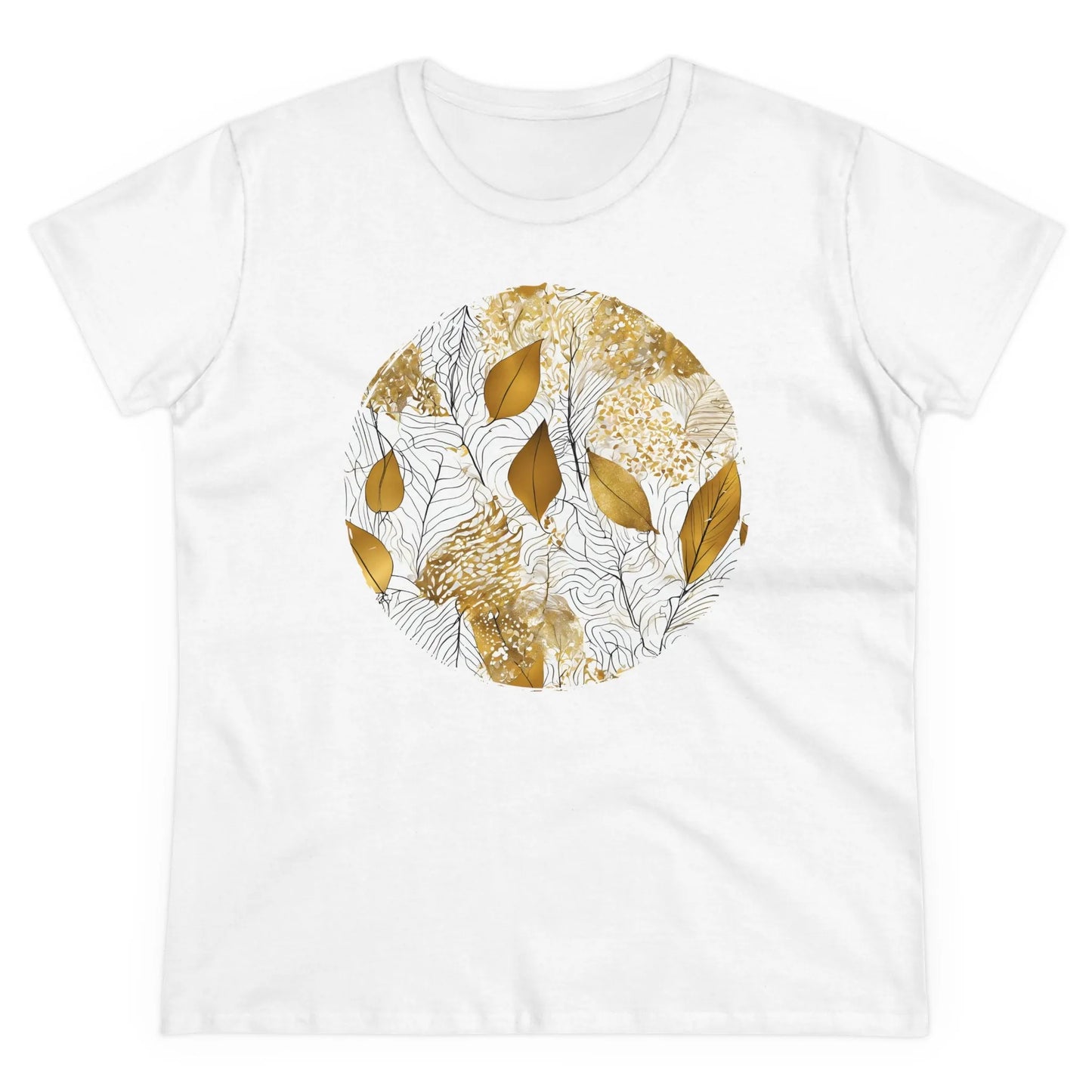 Damen Rundhals Shirt mit modernem Print - Abstraktes Motiv in gold weiß - tailliertes Kurzarm T-Shirt für Frauen - auch in großen Größen - 100% Baumwolle - 180 g/m² - White