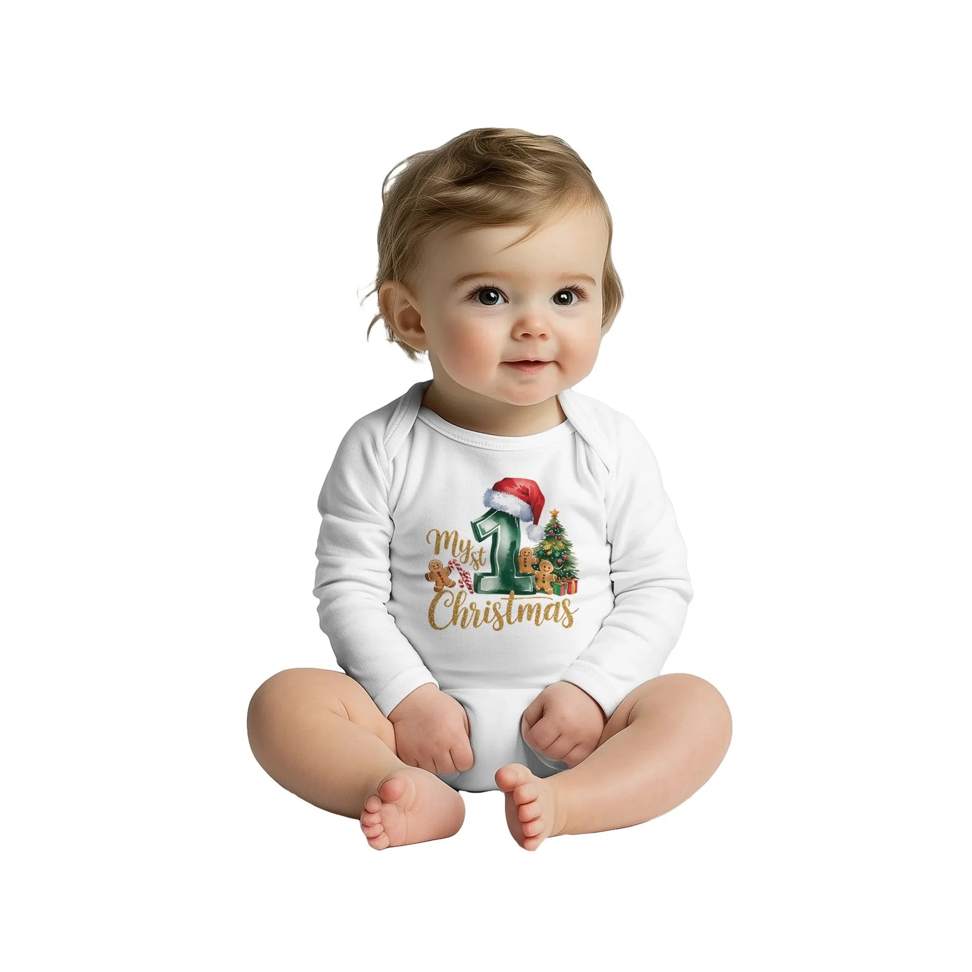 Unisex Baby Langarm Body für Weihnachten mit Aufdruck - My first Christmas - 100% Baumwolle - Größe bis 18 Monate bzw. 86 - Strampler Body mit Muster -
