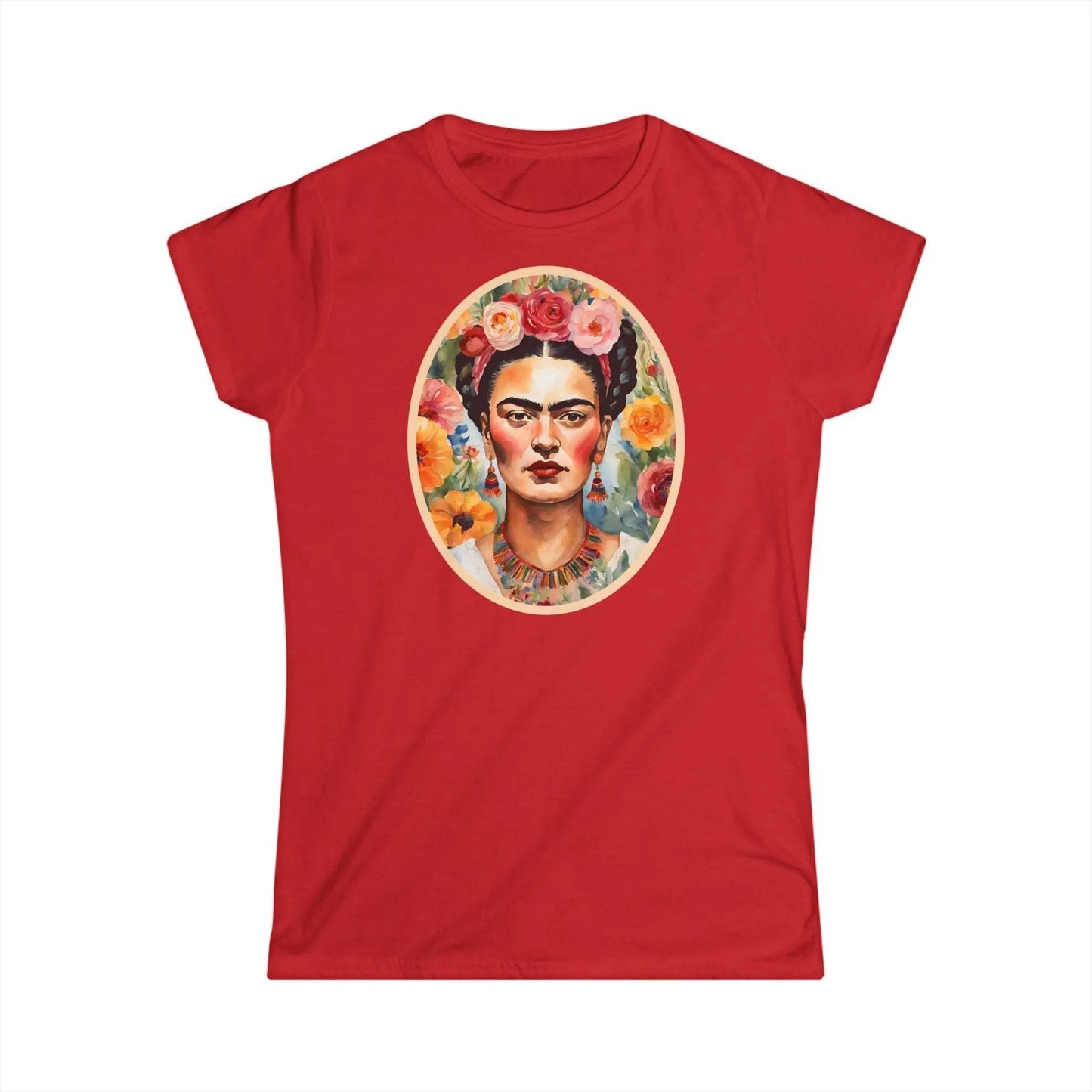 Tailliertes Damen Kurzarm T-Shirt mit Aufdruck – Frida Kahlo im Blumen Meer - 100% Baumwolle - 153 g/m² - auch in großen Größen - viele Farben - Red