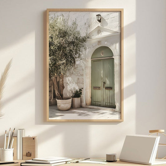 Mediterranes Leinwanddruck-Poster mit Olivenbaum & italienischer Architektur – Rahmenlose Wandkunst in wunderschönen sanften Farben