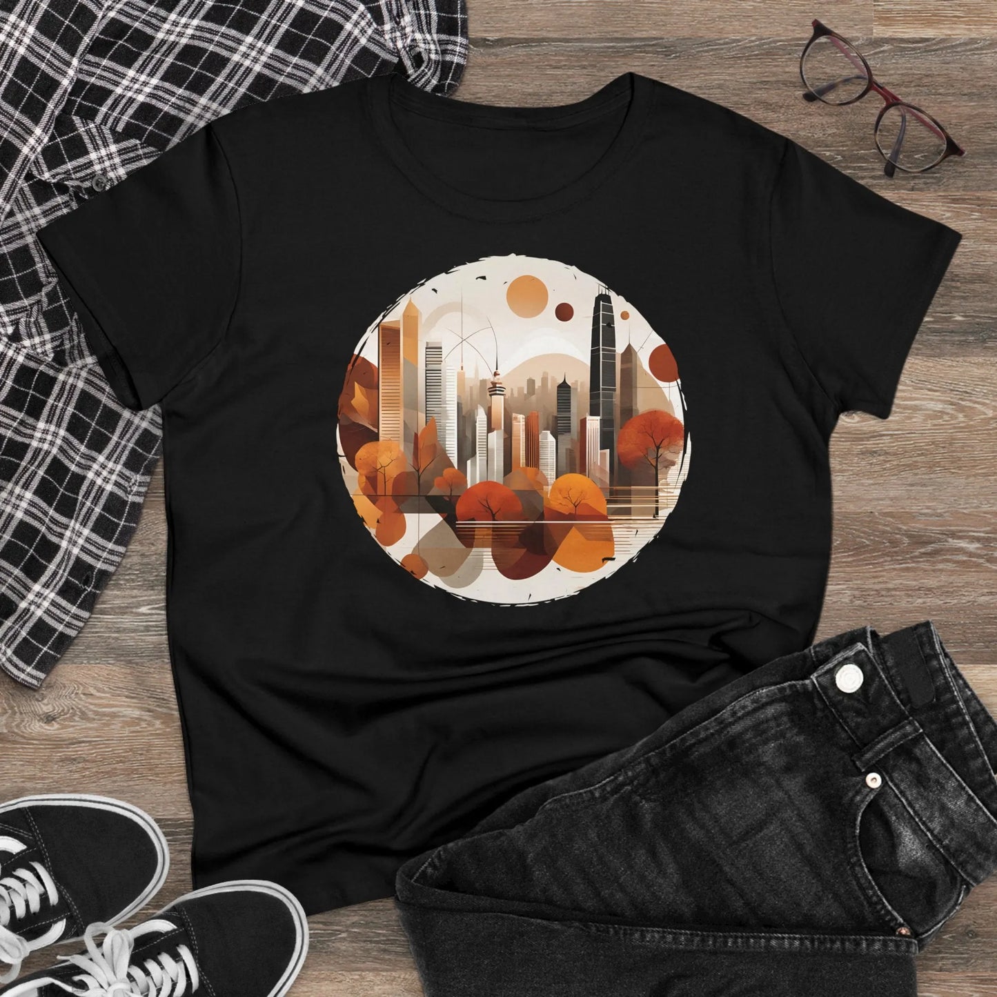 Damen Rundhals Shirt mit modernem Print - modernes Stadtleben im Herbst - tailliertes Kurzarm T-Shirt für Frauen - auch in großen Größen - 100% Baumwolle - 180 g/m² -