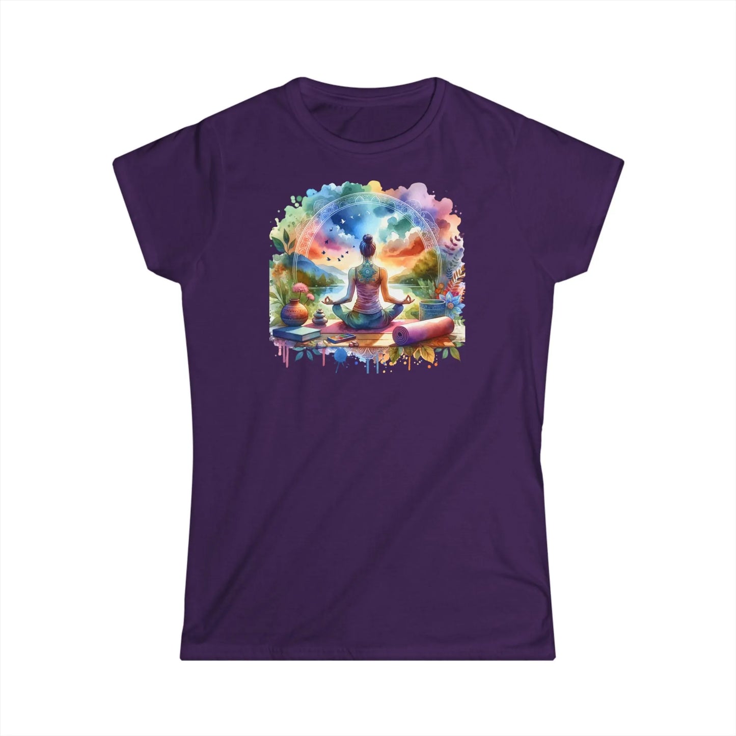 Tailliertes Damen Kurzarm T-Shirt mit Aufdruck – Frauen Shirt mit Yoga Mandala Motiv - 100% Baumwolle - 153 g/m² - auch in großen Größen – in vielen Farben - Purple
