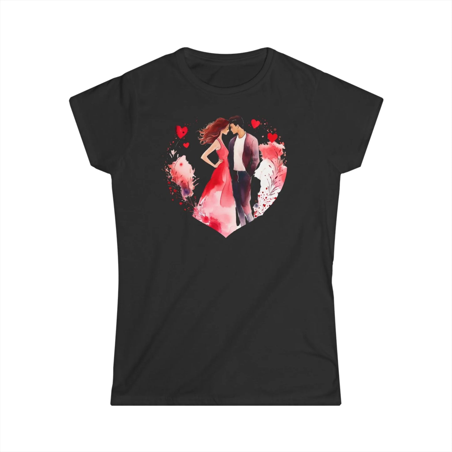 Tailliertes Damen Kurzarm T-Shirt mit Aufdruck - verliebtes Paar vor großem Herz am Valentinstag - 100% Baumwolle - 153 g/m² - auch in großen Größen - in vielen Farben - Black