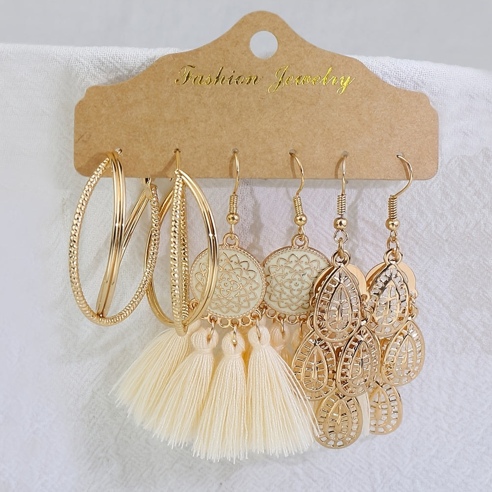 3er-Set Geometrische Damen Tassel-Ohrringe – Boho-Vintage Stil in Gold & Beige, KC Vergoldet, Hängende Statement-Pieces für Alltag & Events