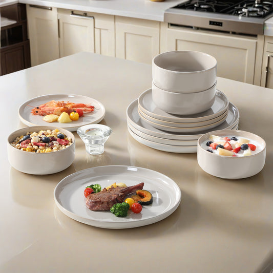 12-teiliges Steingutgeschirr-Set „Glanz & Genuss“ – Klassisches Service mit Teller, Dessertteller & Müslischalen für 4 Personen, Glatte Oberfläche & Stapelbar