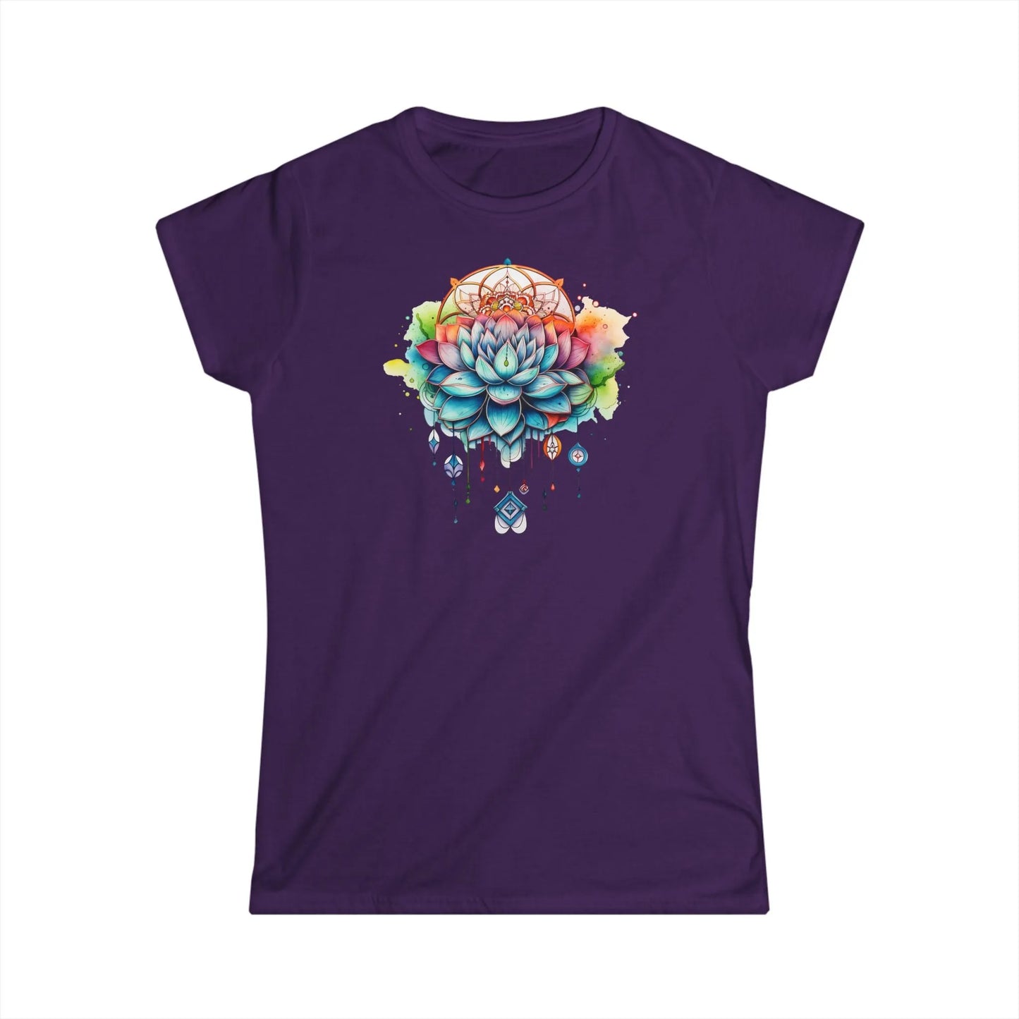 Tailliertes Damen Kurzarm T-Shirt mit Aufdruck – Frauen Shirt mit Yoga Blumen Motiv - 100% Baumwolle - 153 g/m² - auch in großen Größen – in vielen Farben - Purple