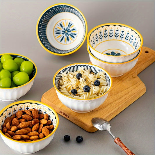 6er-Set sommerliche Keramikschüsseln mit Blumen- & Geometriemuster in Blau, Gelb und Weiß – Runde Schalen mit 11,5 × 6,1 cm