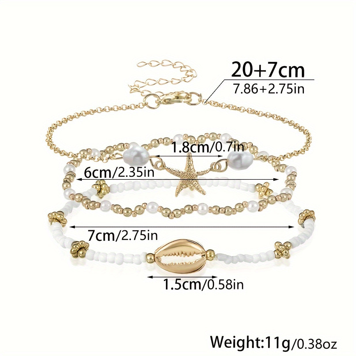 3-teiliges Damen Fußkettchen Set im Boho-Strandstil mit Muscheln & Seestern in Gold und Weiß - sommerlicher Schmuck für perfekte Urlaubstimmung