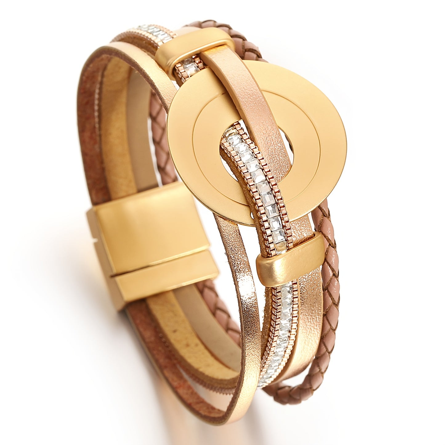 4-teiliges Damen Kunstleder Armband mit Kristallperlen & Goldfarbenem Rundanhänger - 19,2cm lang - in drei tollen Farbrichtungen