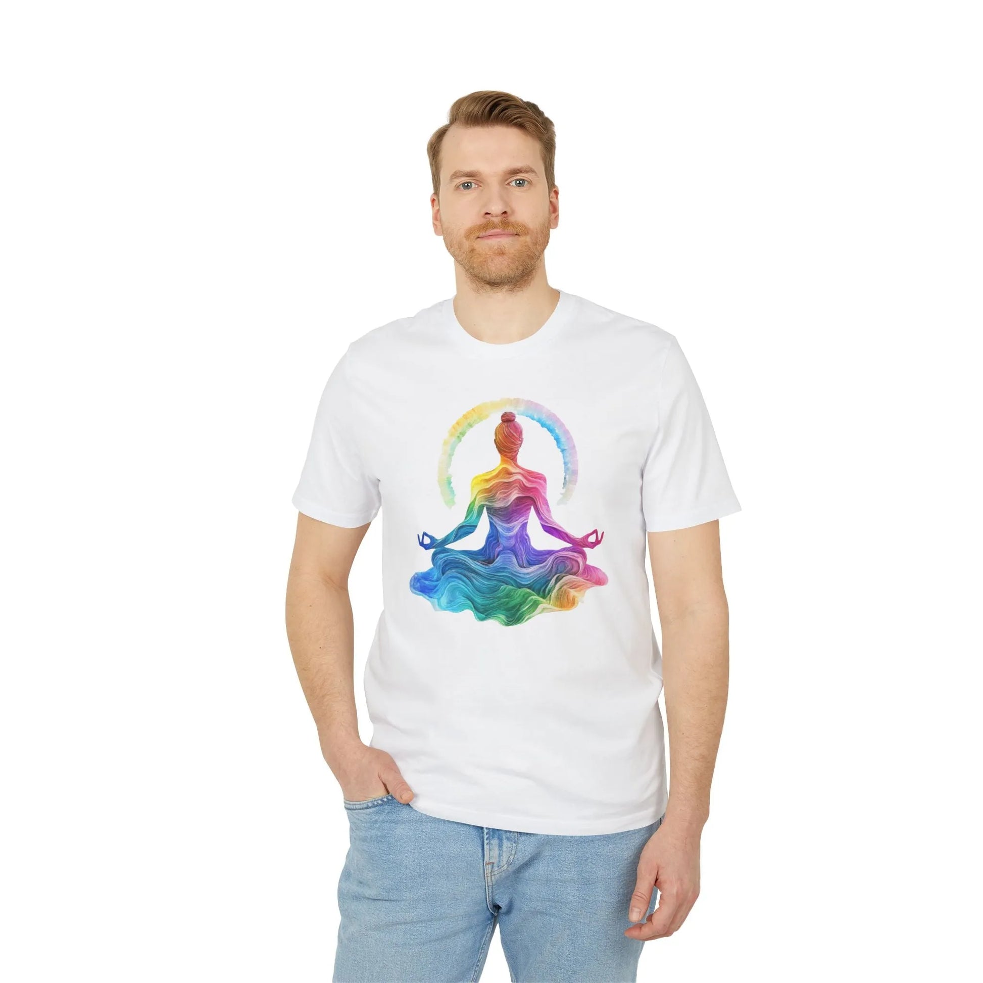Unisex Yoga T-Shirt mit Aufdruck für Damen und Herren - Regenbogen Farben, kurzarm, 100% Bio Baumwolle, 180 g/m², in großen Größen, weiß und weitere Farben -