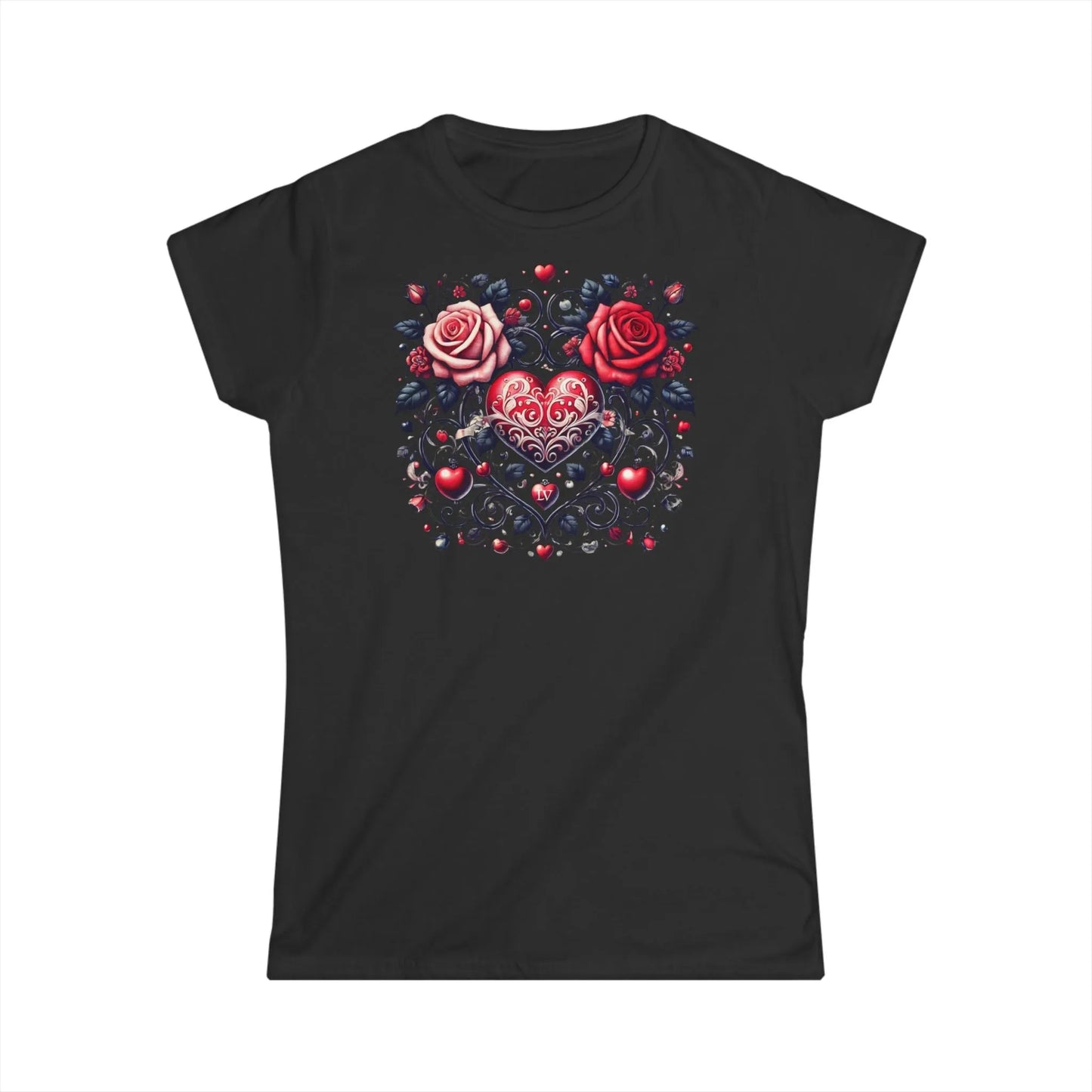 Tailliertes Damen Kurzarm T-Shirt mit Aufdruck - Herzen und Blumen zum Valentinstag - 100% Baumwolle - 153 g/m² - auch in großen Größen - in vielen Farben - Black