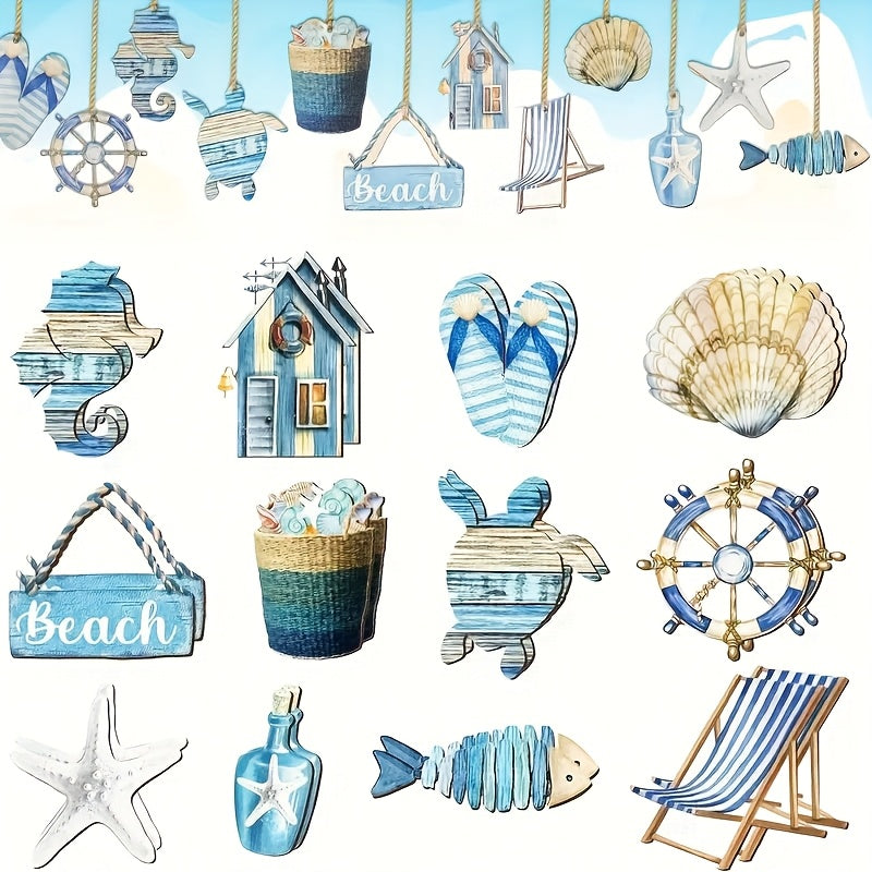 12 oder 24-er Set mit maritimer Hängedekoration aus Holz zum Aufhängen oder Basteln - Steuerrad, Seepferdchen, Stuhl, Beach-Schild, Schildkröte, Fisch,  uvm. – süße sommerliche Meeresmotive in Blau & Weiß