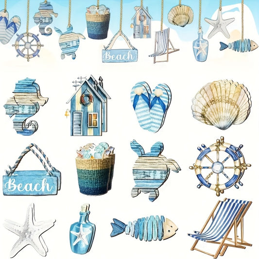 12 oder 24-er Set mit maritimer Hängedekoration aus Holz zum Aufhängen oder Basteln - Steuerrad, Seepferdchen, Stuhl, Beach-Schild, Schildkröte, Fisch,  uvm. – süße sommerliche Meeresmotive in Blau & Weiß