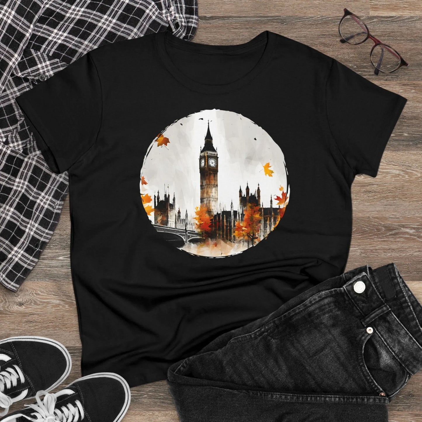 Damen Rundhals Shirt mit modernem Print - abstrakter Big Ben in London - tailliertes Kurzarm T-Shirt für Frauen - auch in großen Größen - 100% Baumwolle - 180 g/m² -