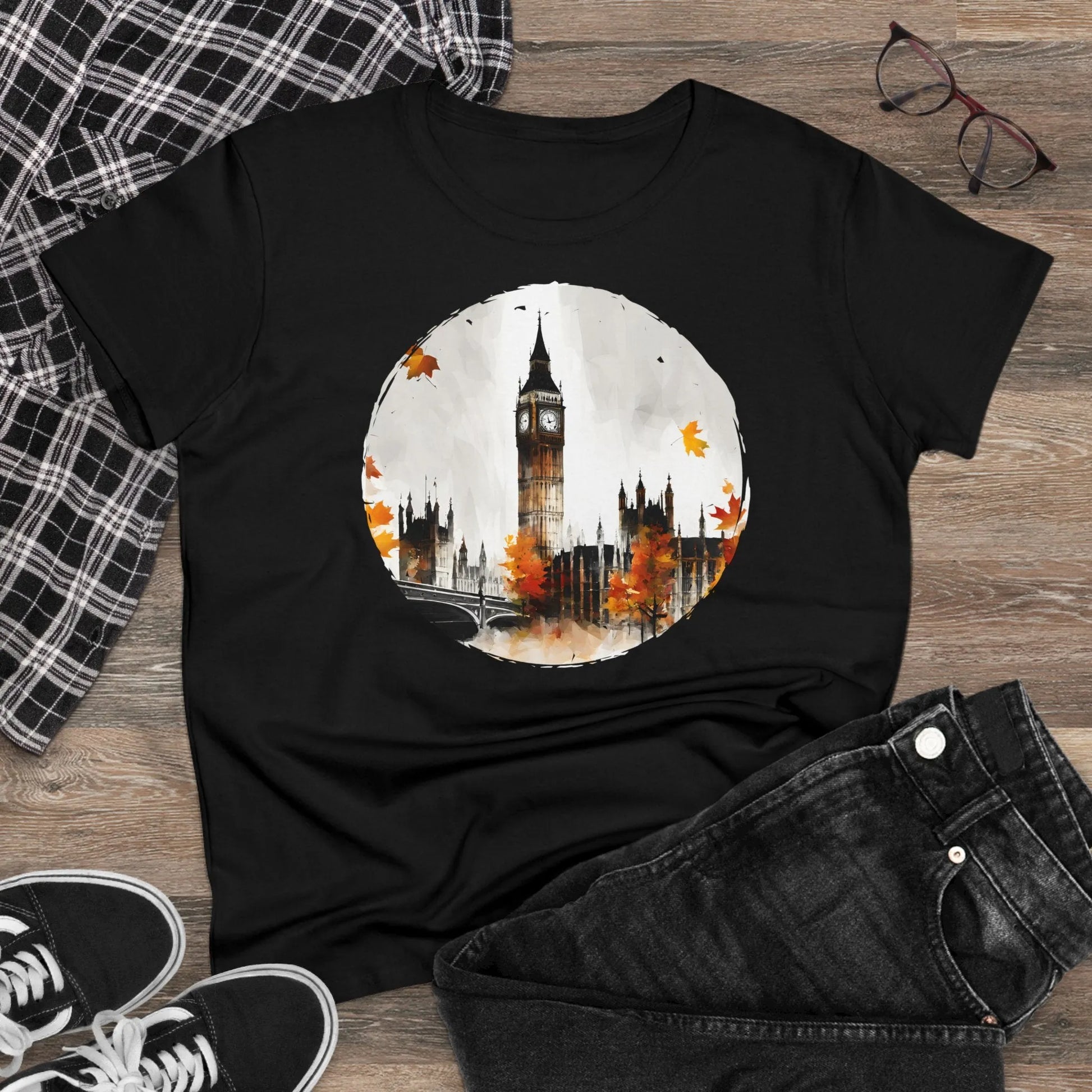 Damen Rundhals Shirt mit modernem Print - abstrakter Big Ben in London - tailliertes Kurzarm T-Shirt für Frauen - auch in großen Größen - 100% Baumwolle - 180 g/m² -