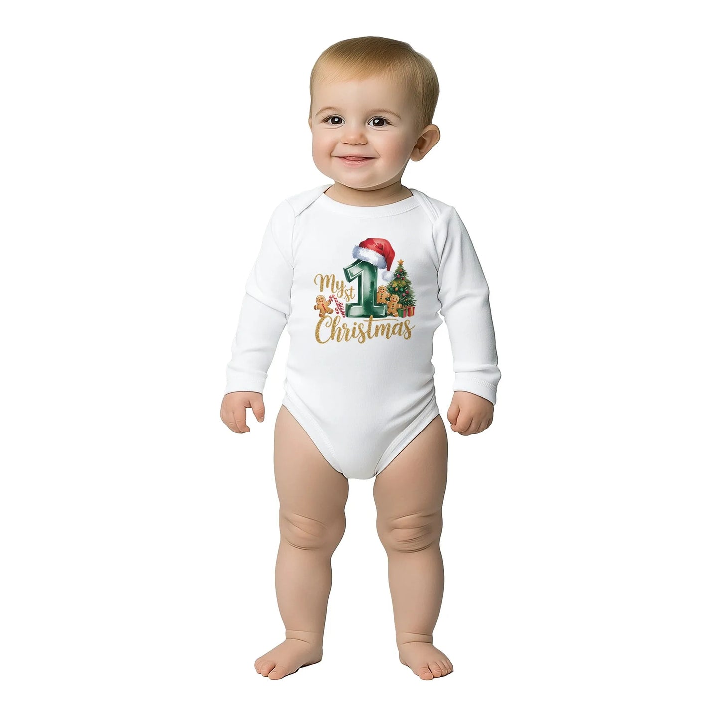 Unisex Baby Langarm Body für Weihnachten mit Aufdruck - My first Christmas - 100% Baumwolle - Größe bis 18 Monate bzw. 86 - Strampler Body mit Muster -