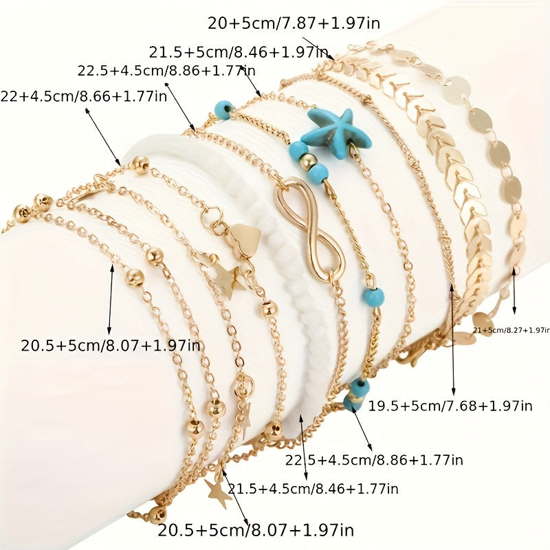 10-teiliges Boho-Fußkettchen-Set für Damen – vintage & sommerlicher Stil mit Seestern und Perlen für Strand und Alltag