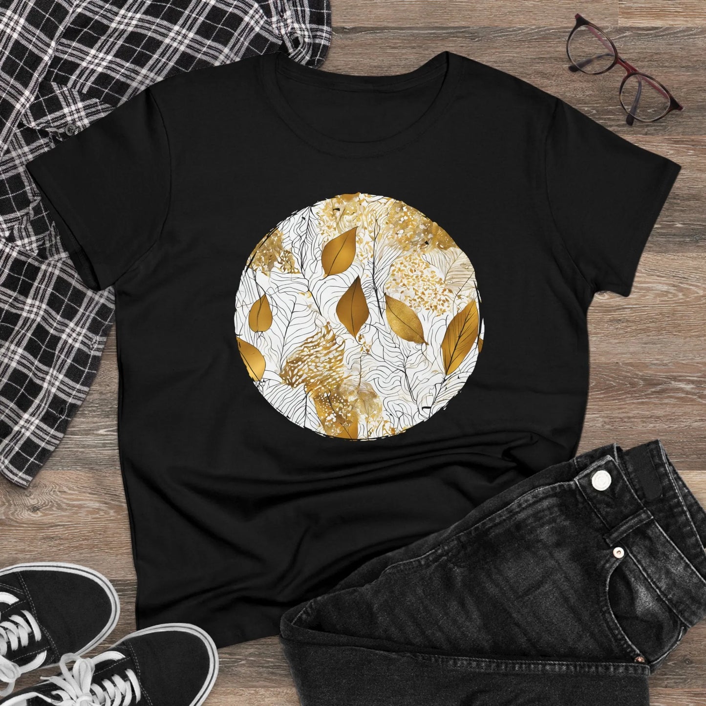 Damen Rundhals Shirt mit modernem Print - Abstraktes Motiv in gold weiß - tailliertes Kurzarm T-Shirt für Frauen - auch in großen Größen - 100% Baumwolle - 180 g/m² -