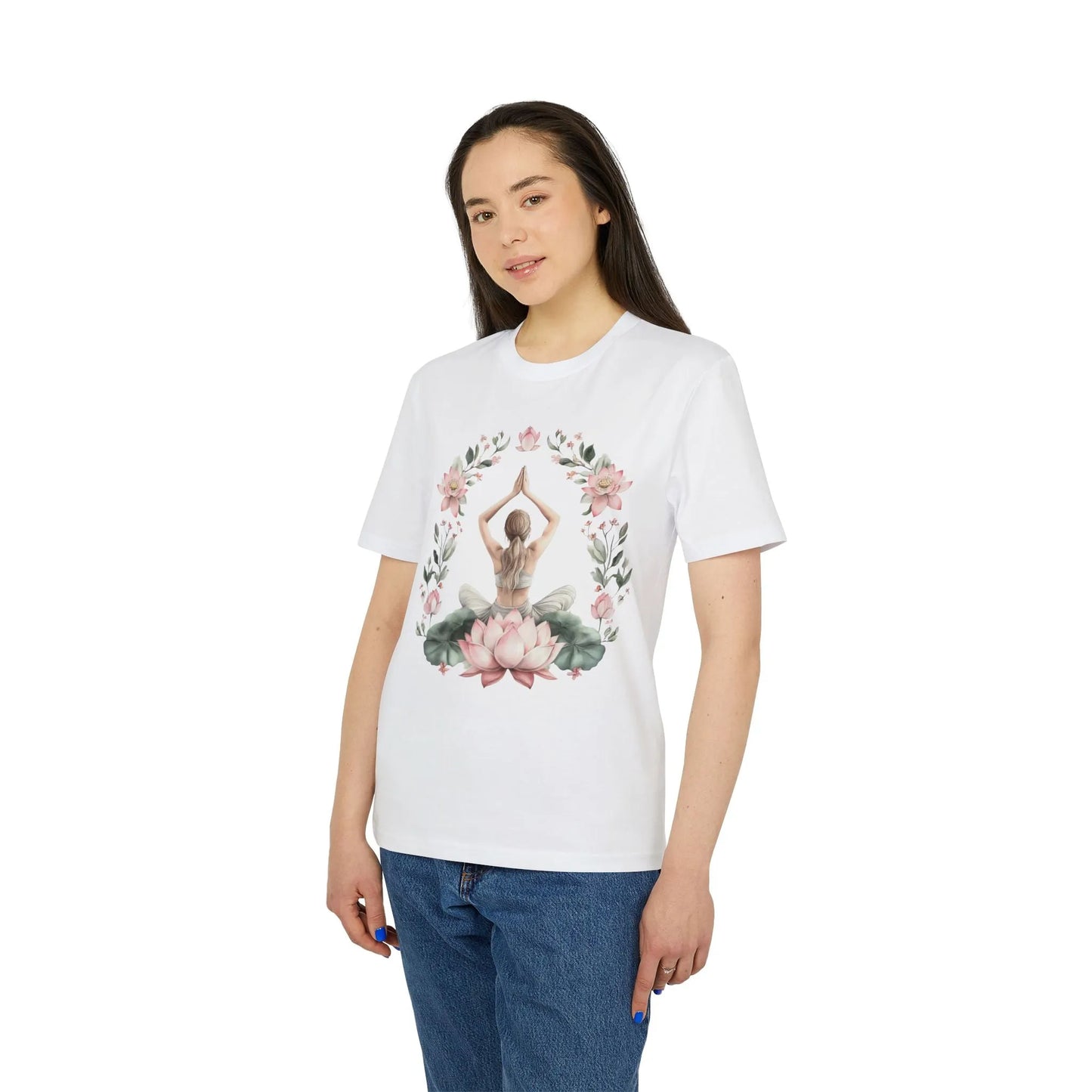Unisex Yoga T-Shirt mit Aufdruck für Damen und Herren - kurzarm, 100% Bio Baumwolle, 180 g/m², in großen Größen, weiß und weitere Farben -