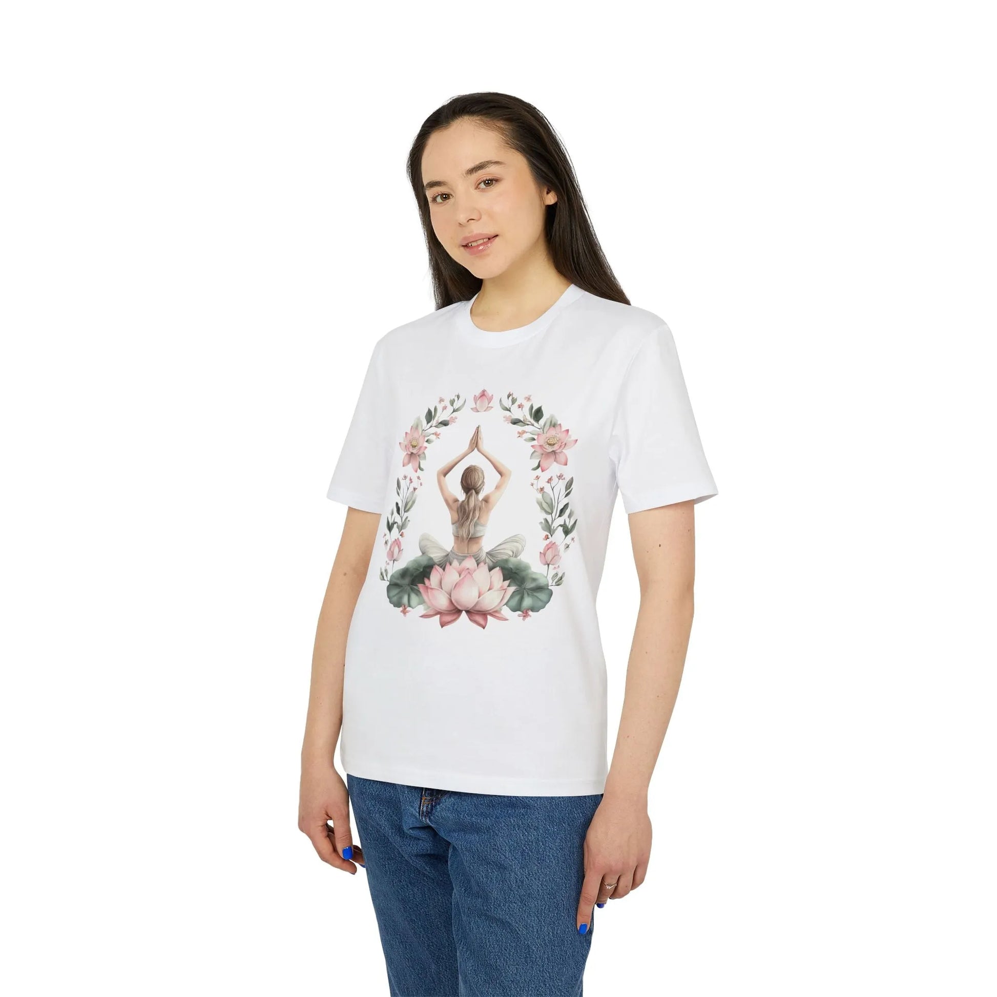 Unisex Yoga T-Shirt mit Aufdruck für Damen und Herren - kurzarm, 100% Bio Baumwolle, 180 g/m², in großen Größen, weiß und weitere Farben -