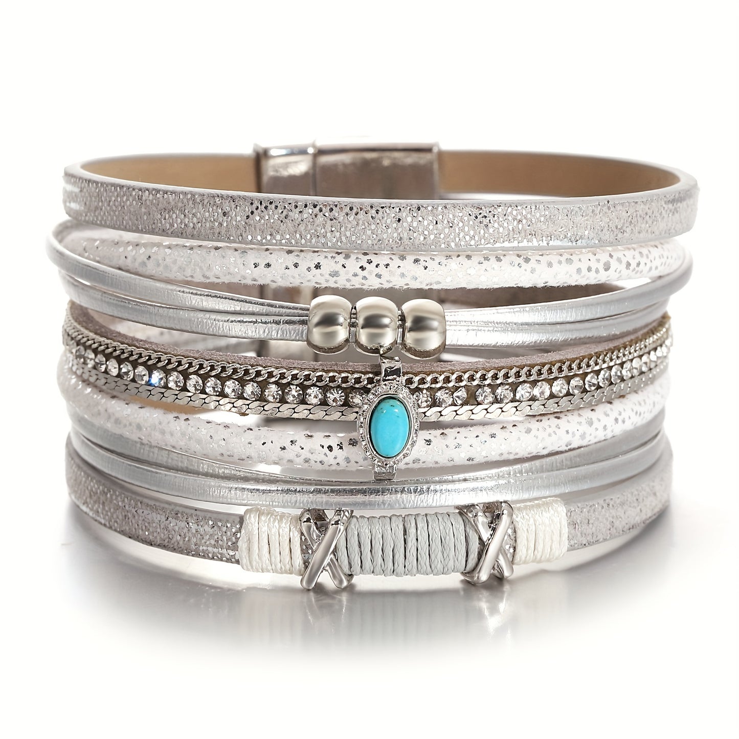 Wunderschönes Retro Kreuz-Armband für Damen – Mehrteiliges Kunstleder Schmuckarmband mit blauen Steinen & Strass - 19,5cm Durchmesser - 7 Farben