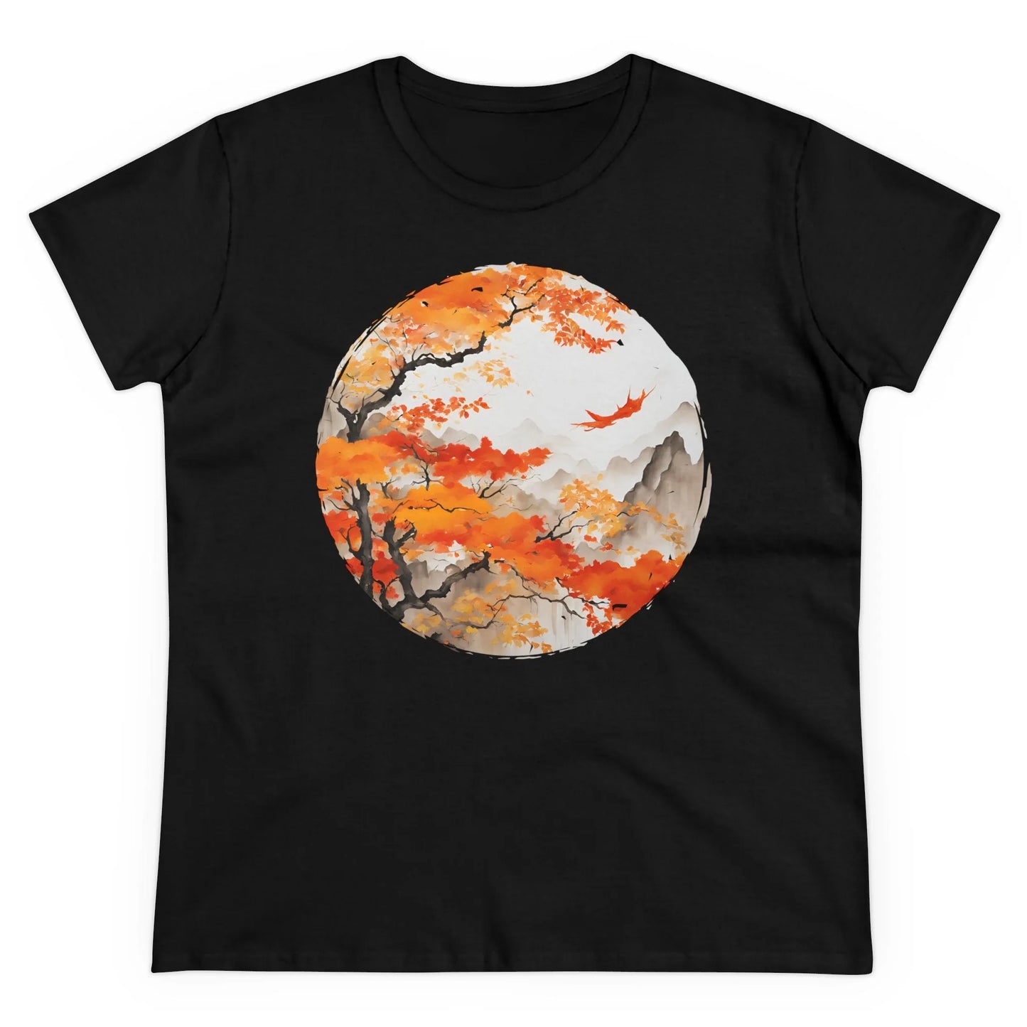 Damen Rundhals Shirt mit modernem Print - Abstrakte Landschaft mit Wälder und Berge in Japan - tailliertes Kurzarm T-Shirt für Frauen - auch in großen Größen - 100% Baumwolle - 180 g/m² - Black