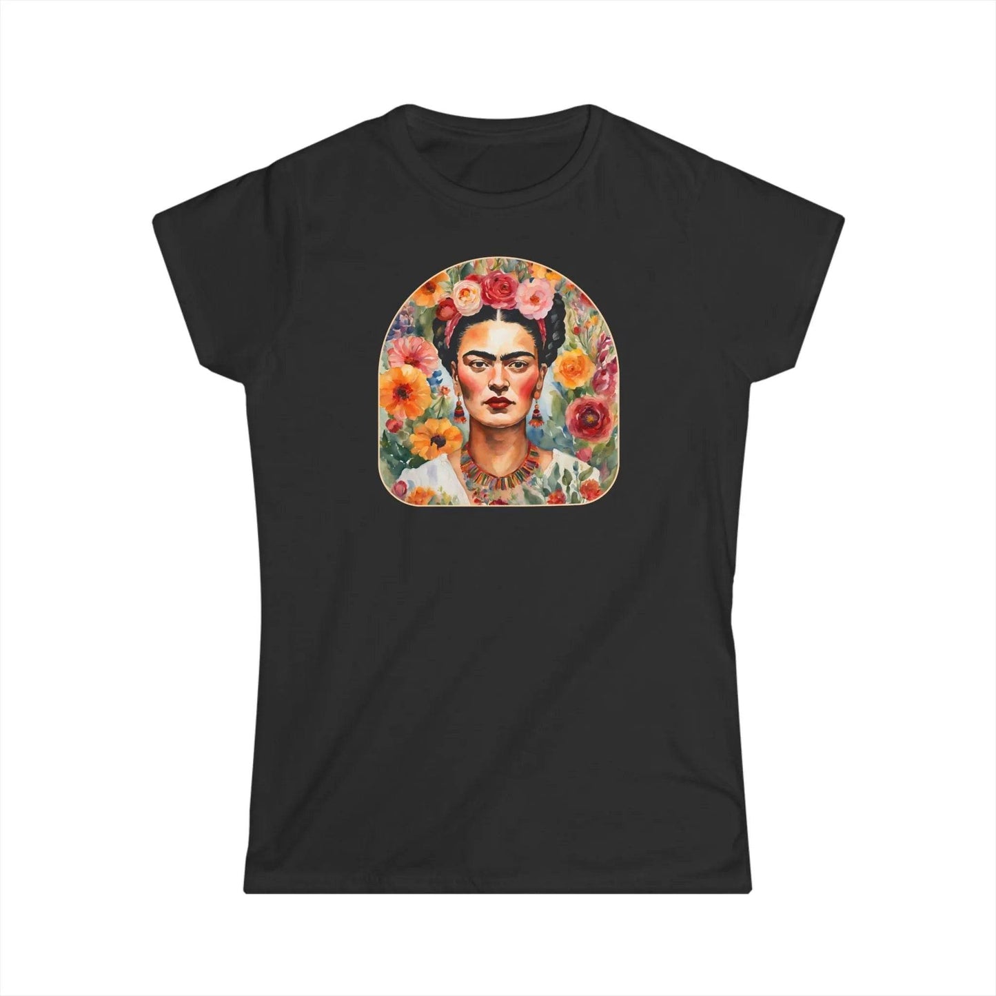 Tailliertes Damen Kurzarm T-Shirt mit Aufdruck – bunter Frida Kahlo Blumen Print - 100% Baumwolle - 153 g/m² - auch in großen Größen - viele Farben - Black