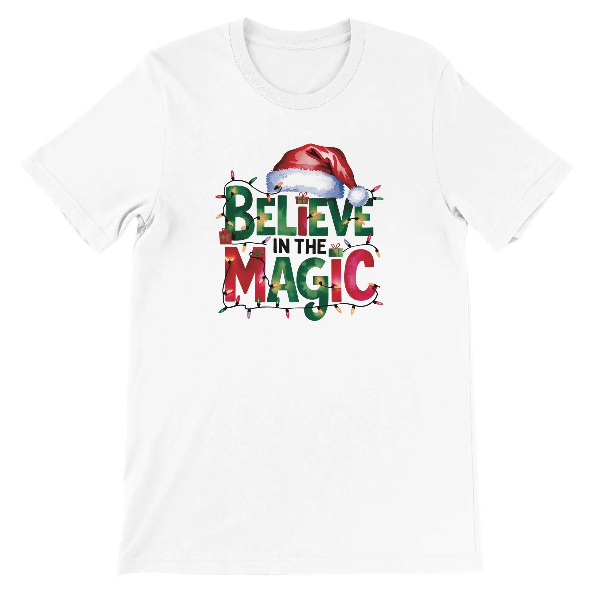 Unisex Kurzarm T-Shirt mit Believe in the Magic Spruch - Print für Weihnachten und Winter - leicht tailliert – viele Farben und große Größen für Damen -