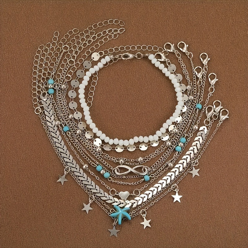 10-teiliges Boho-Fußkettchen-Set für Damen – vintage & sommerlicher Stil mit Seestern und Perlen für Strand und Alltag